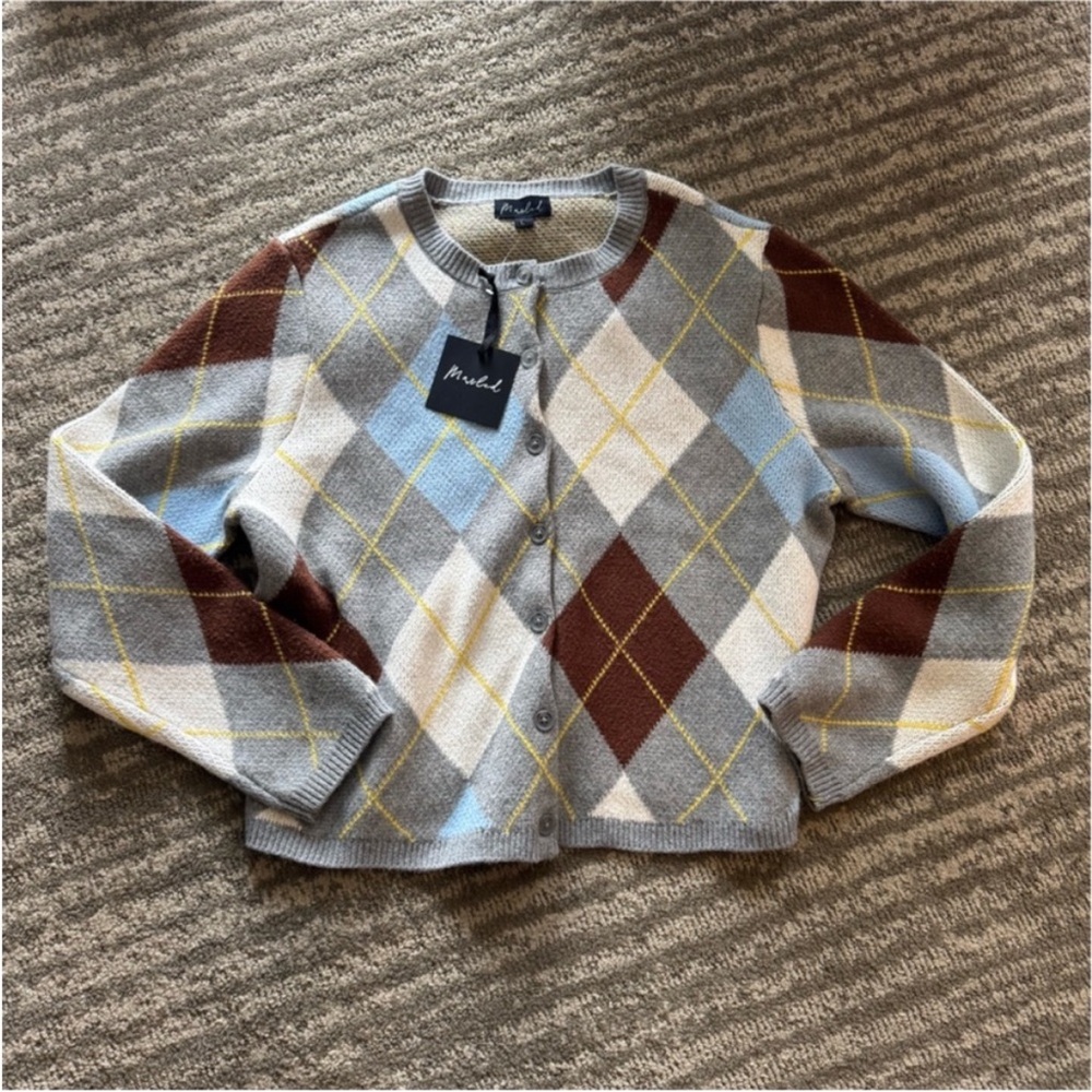 Anthropologie Argyle Cardigan in Gray, Brown, Blue, Cream